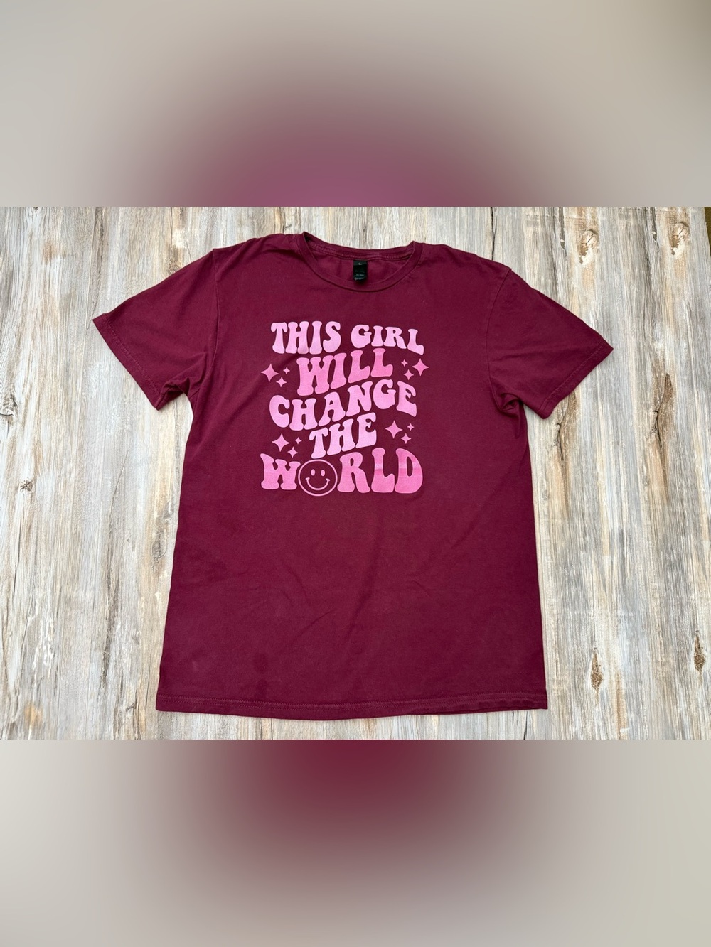 This Girl Will Change The World T-Shirt Gildan Burgundy Maroon Smiley Face Stars